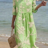 Women's Floral Midi Dress – Linen Cotton Round Neck Summer Dress