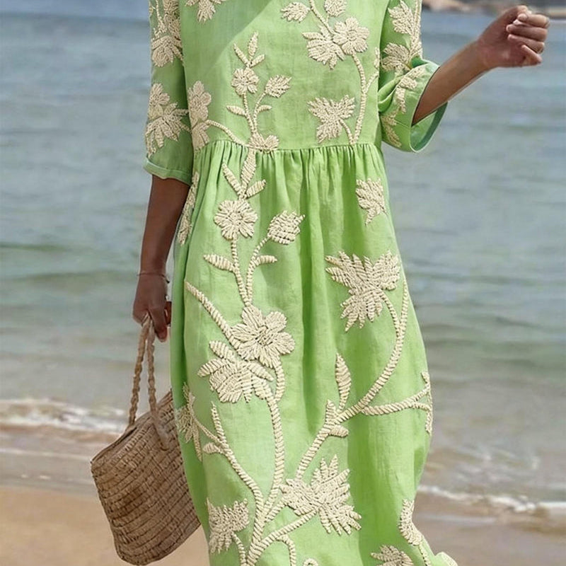 Women's Floral Midi Dress – Linen Cotton Round Neck Summer Dress