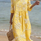 Women's Floral Midi Dress – Linen Cotton Round Neck Summer Dress