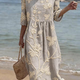 Women's Floral Midi Dress – Linen Cotton Round Neck Summer Dress