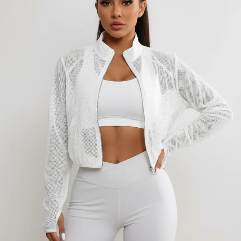 Women's Cropped Mesh Sports Jacket – Breathable Zip-Up Activewear