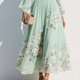 Women's Floral Chiffon Midi Dress – V-Neck A-Line Elegant Dress