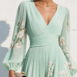 Women's Floral Chiffon Midi Dress – V-Neck A-Line Elegant Dress