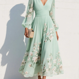 Women's Floral Chiffon Midi Dress – V-Neck A-Line Elegant Dress