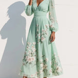 Women's Floral Chiffon Midi Dress – V-Neck A-Line Elegant Dress