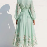 Women's Floral Chiffon Midi Dress – V-Neck A-Line Elegant Dress