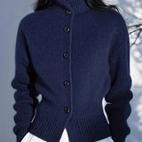 Women's High-Neck Button Cardigan - Ribbed Cuff Knit Layer