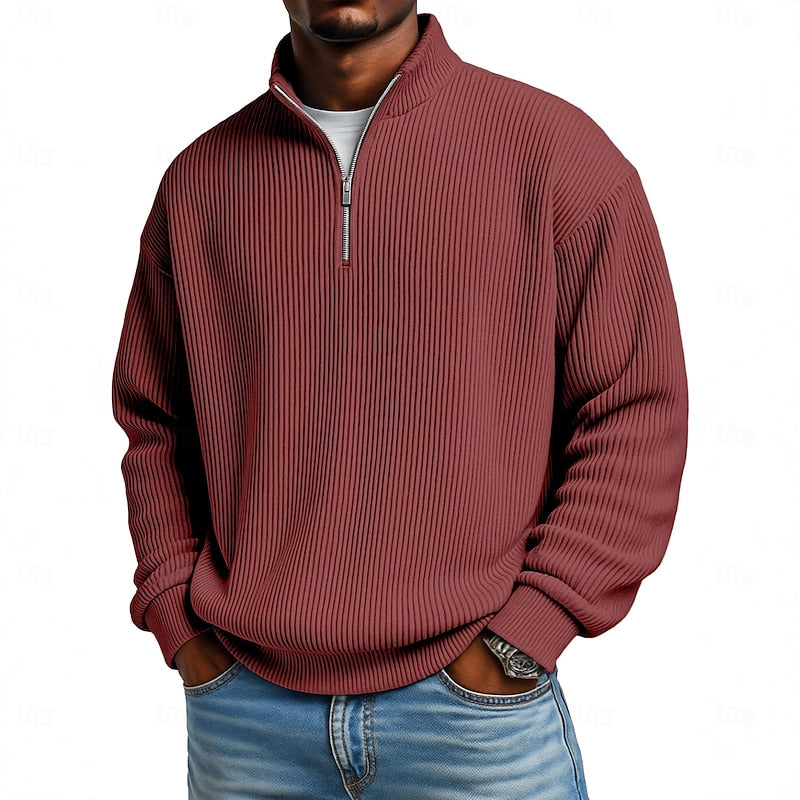 Men's Ribbed Quarter Zip Pullover – Stretch Knit Casual Top