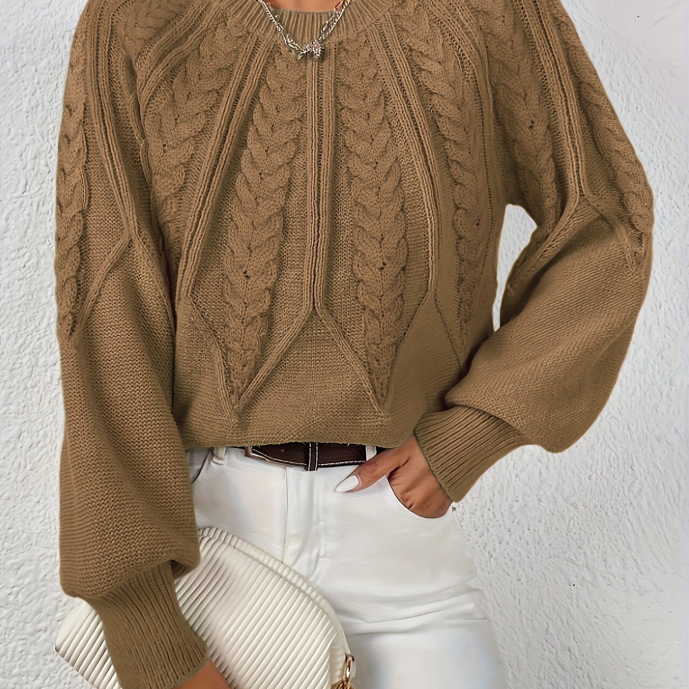 Women's Cable Knit Jumper – Crew Neck Classic Knitted Sweater