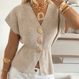 Women's Short-Sleeve V-Neck Cardigan - Fitted Waist Button Front