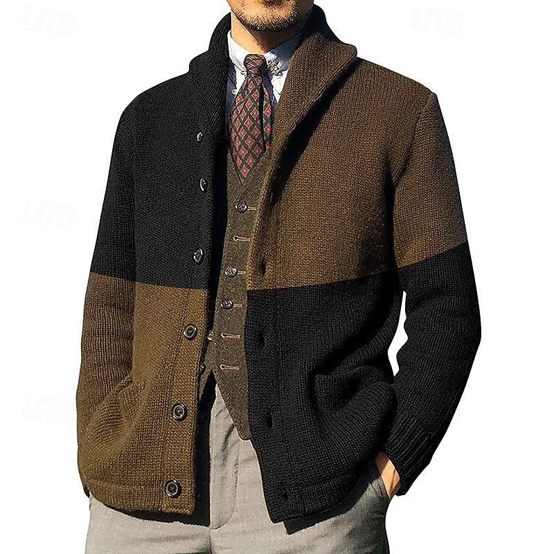Men's Shawl-Collar Colour-Block Cardigan - Regular-Fit Knit Layer