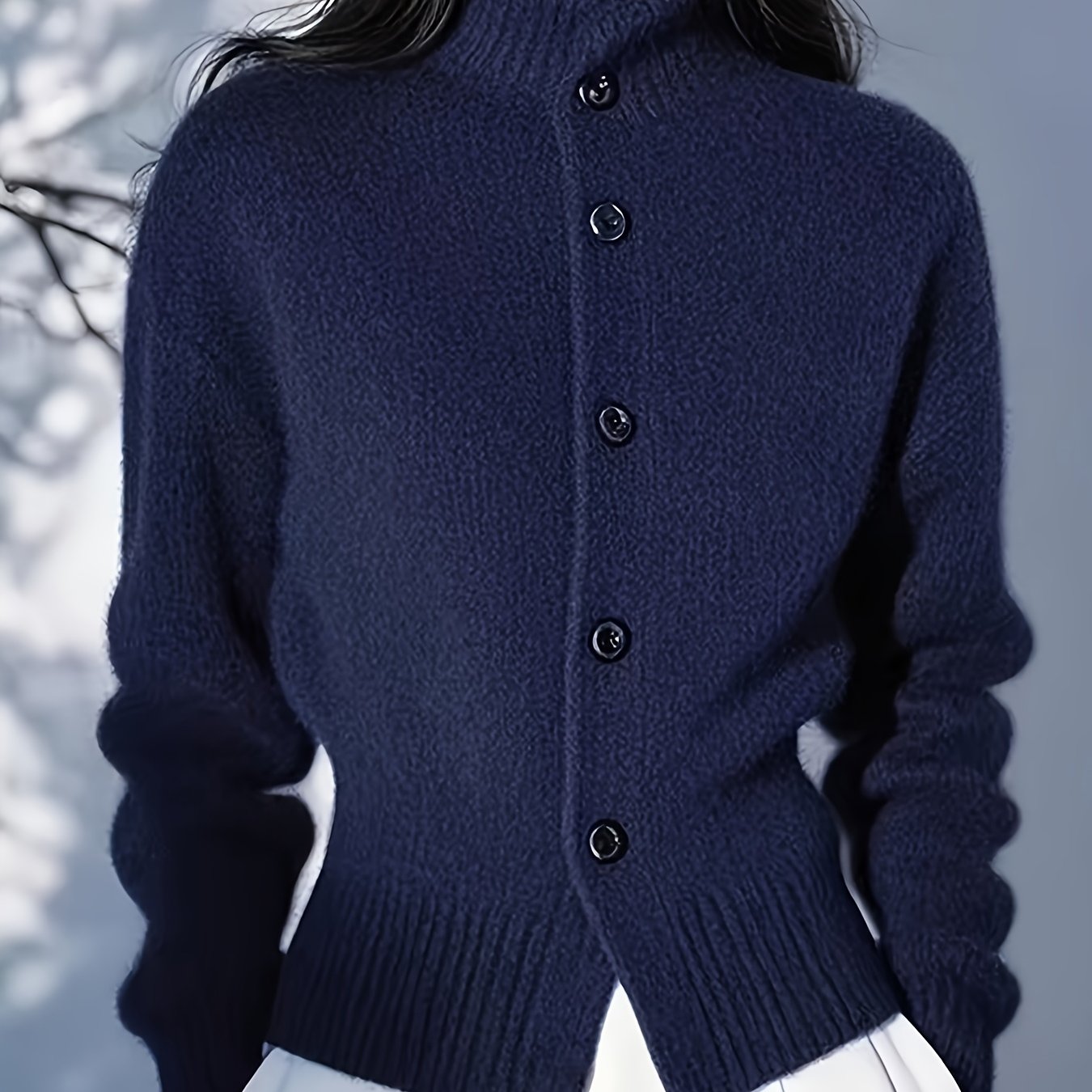 Women's High-Neck Button Cardigan - Ribbed Cuff Knit Layer