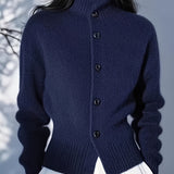 Women's High-Neck Button Cardigan - Ribbed Cuff Knit Layer