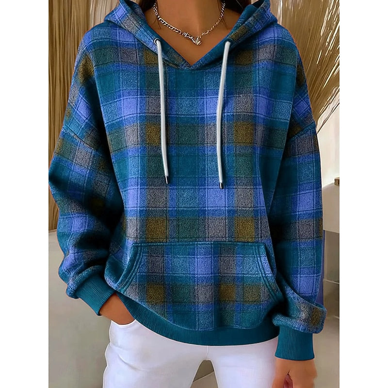 Women's Checked Hoodie – Warm Casual Hooded Sweatshirt Top