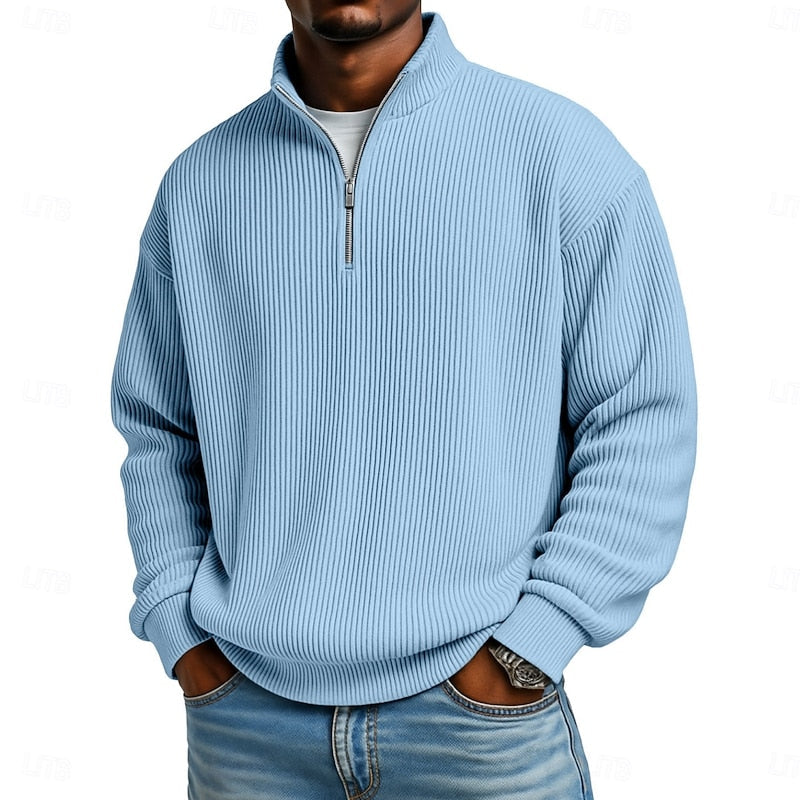 Men's Ribbed Quarter Zip Pullover – Stretch Knit Casual Top
