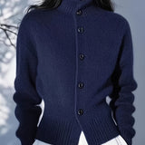 Women's High-Neck Button Cardigan - Ribbed Cuff Knit Layer