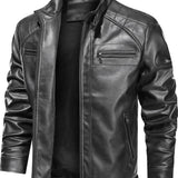 Men's Quilted-Shoulder Biker Jacket - Zip-Up Stand-Collar Layer