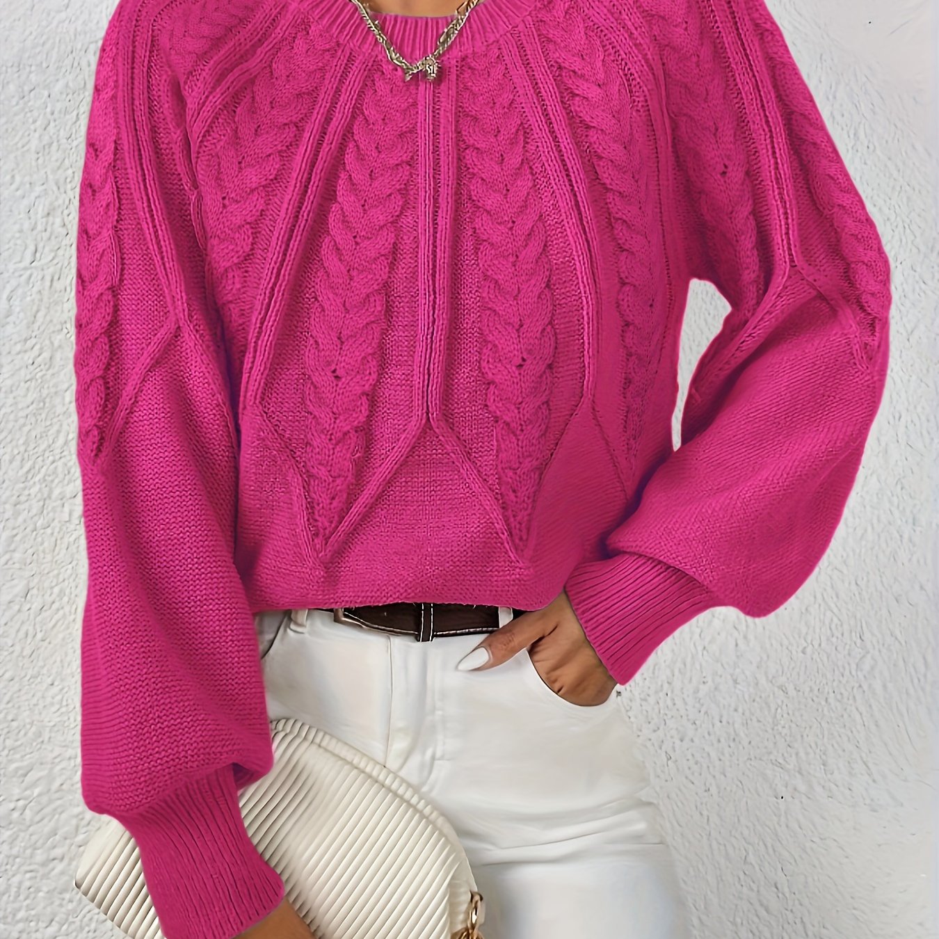 Women's Cable Knit Jumper – Crew Neck Classic Knitted Sweater