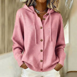 Women's Hooded Button-Front Cardigan - Drawstring Hood Knit Layer