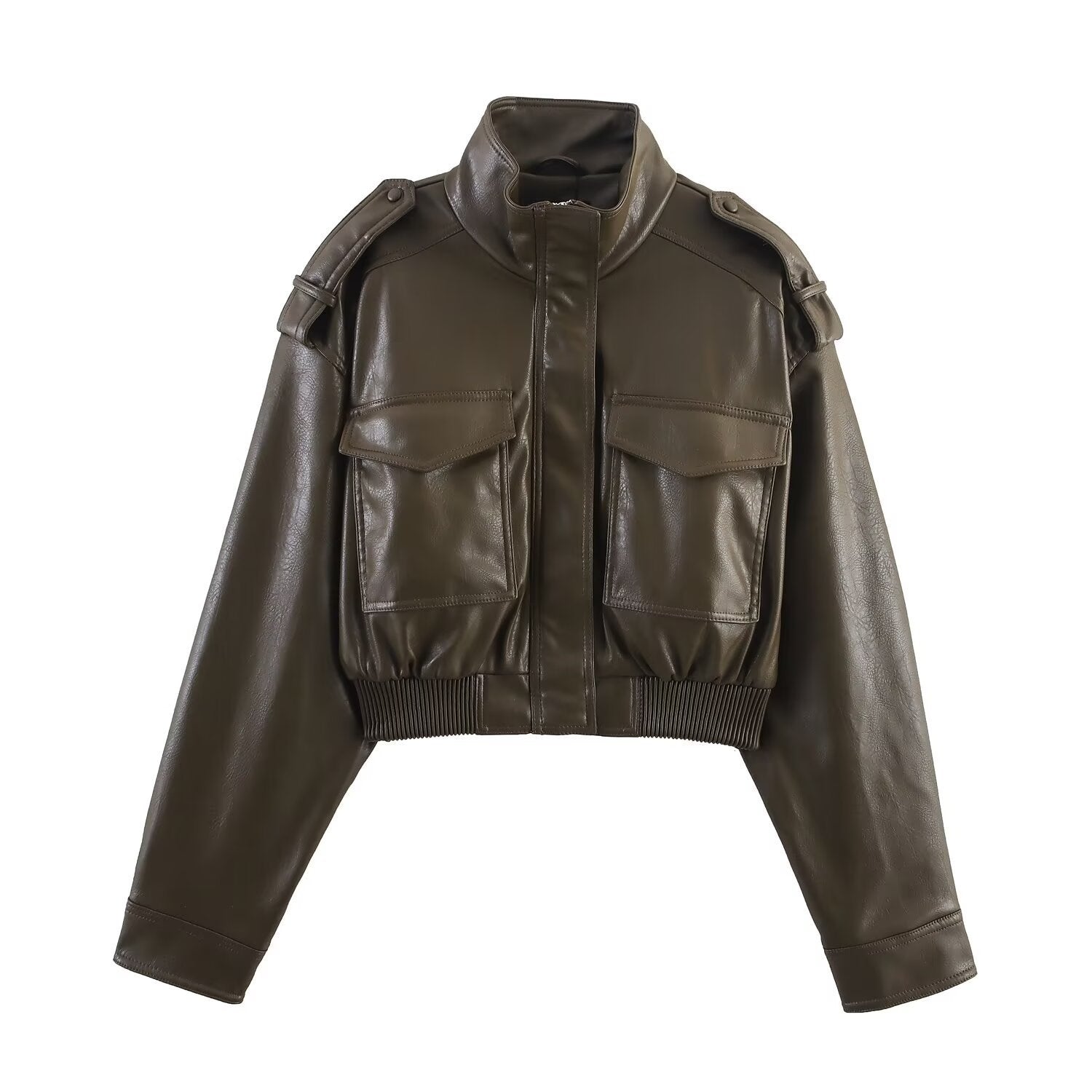Women's Cropped Faux Leather Bomber Jacket – Edgy Casual Style