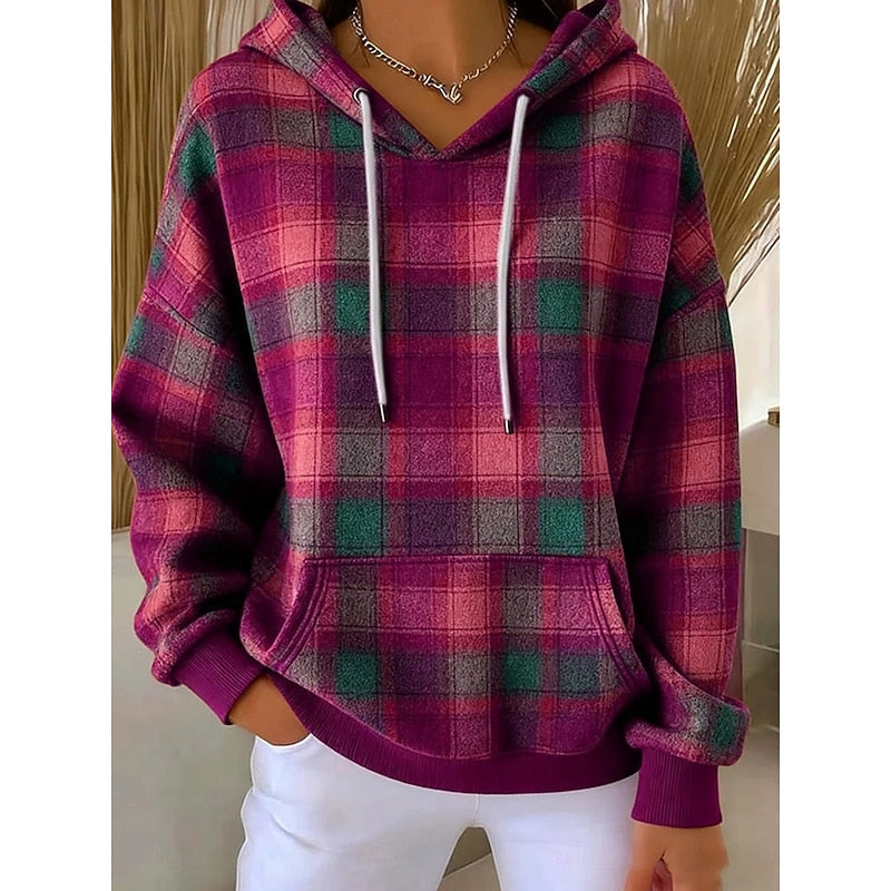 Women's Checked Hoodie – Warm Casual Hooded Sweatshirt Top