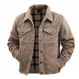 Men's Check-Lined Lapel Utility Jacket - Pocketed Casual Layer