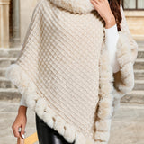 Women's Faux Fur Trim Poncho – Warm Winter Cape Wrap Cover Up