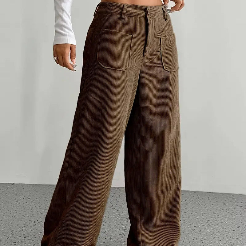 Women's Corduroy Wide Leg Trousers – Button Waist Autumn Bottoms