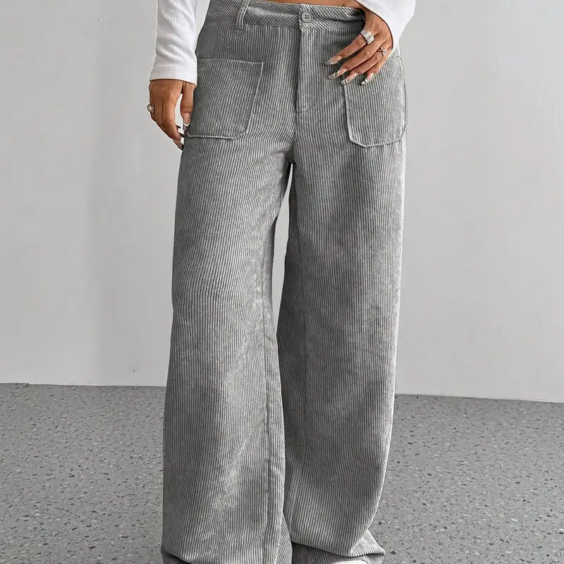 Women's Corduroy Wide Leg Trousers – Button Waist Autumn Bottoms