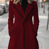 Women's Double-Breasted Coat – Contrast Trim Tailored Winter Coat