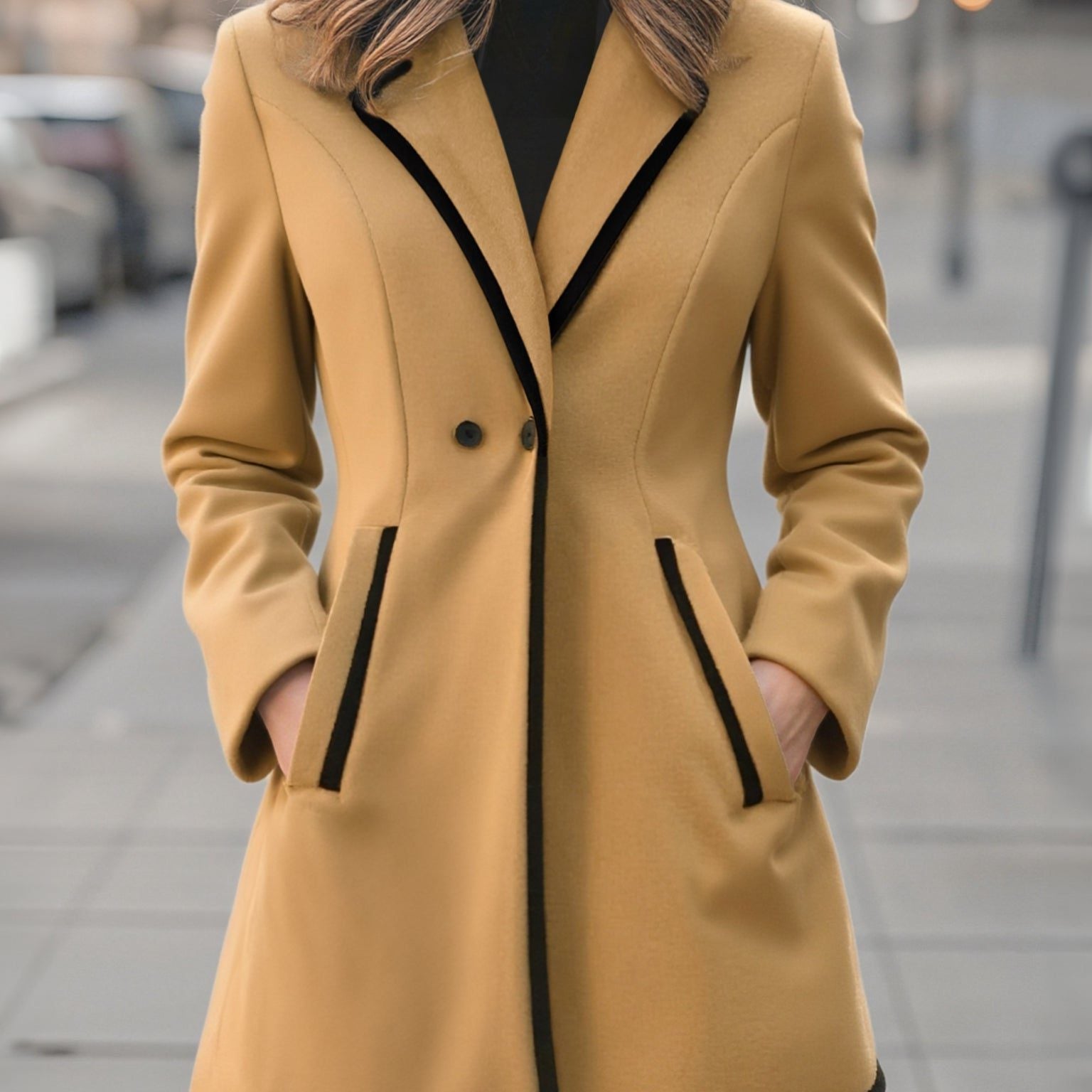 Women's Double-Breasted Coat – Contrast Trim Tailored Winter Coat