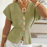 Women's Short-Sleeve V-Neck Cardigan - Fitted Waist Button Front