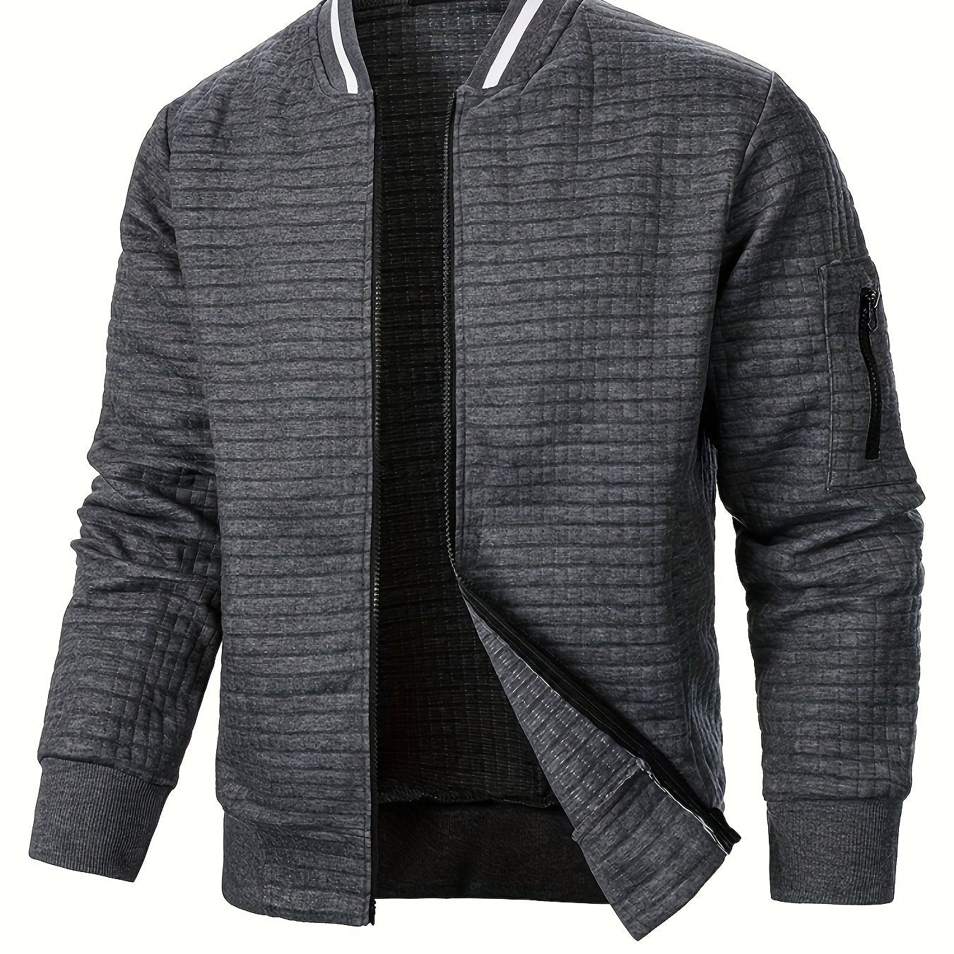 Men's Textured Zip-Up Bomber Jacket - Stand-Collar Ribbed Trim