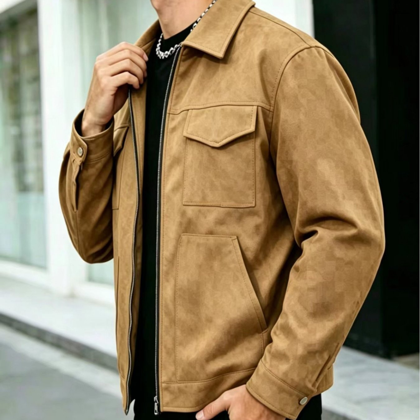 Men's Relaxed-Fit Collared Utility Jacket - Pocketed Layer
