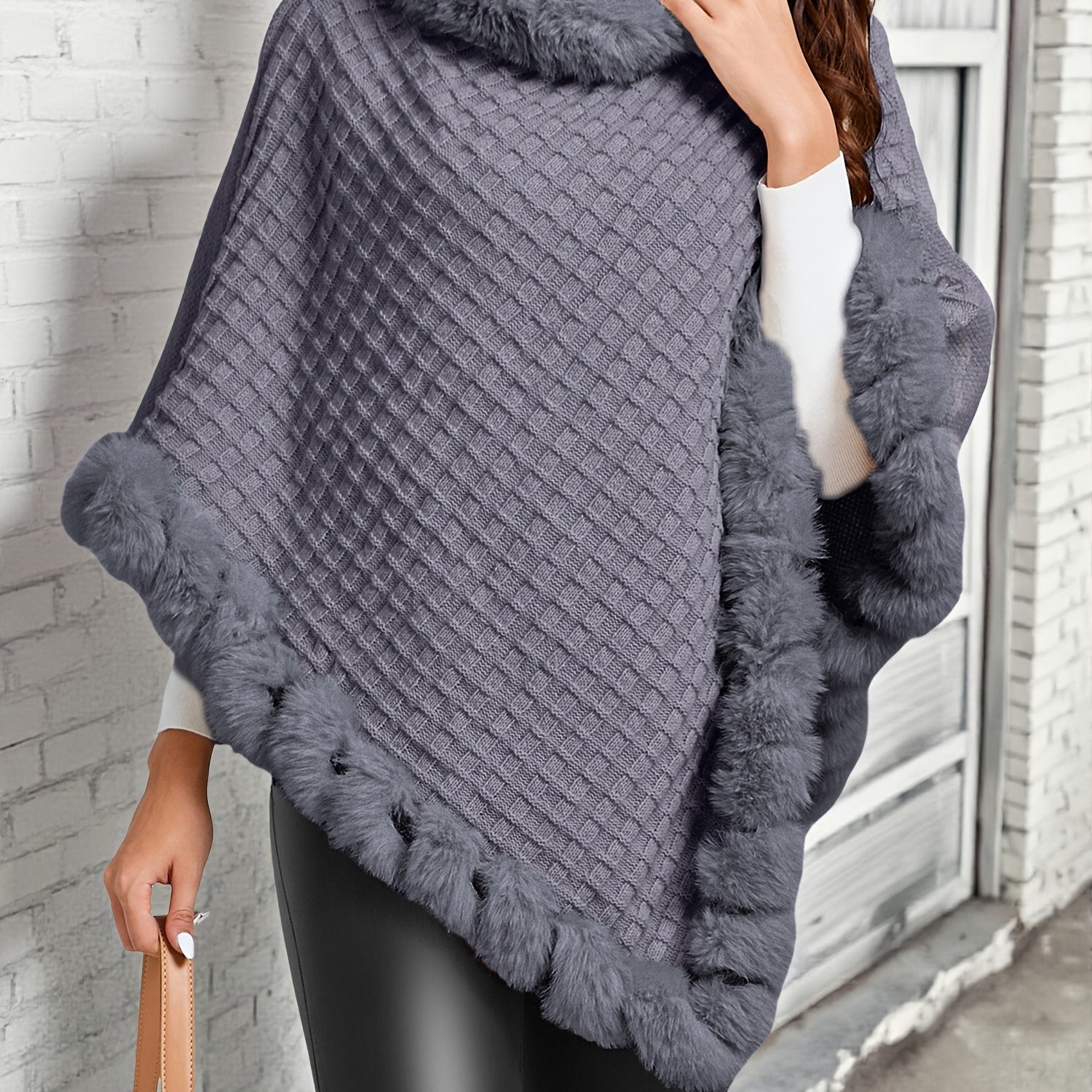 Women's Faux Fur Trim Poncho – Warm Winter Cape Wrap Cover Up