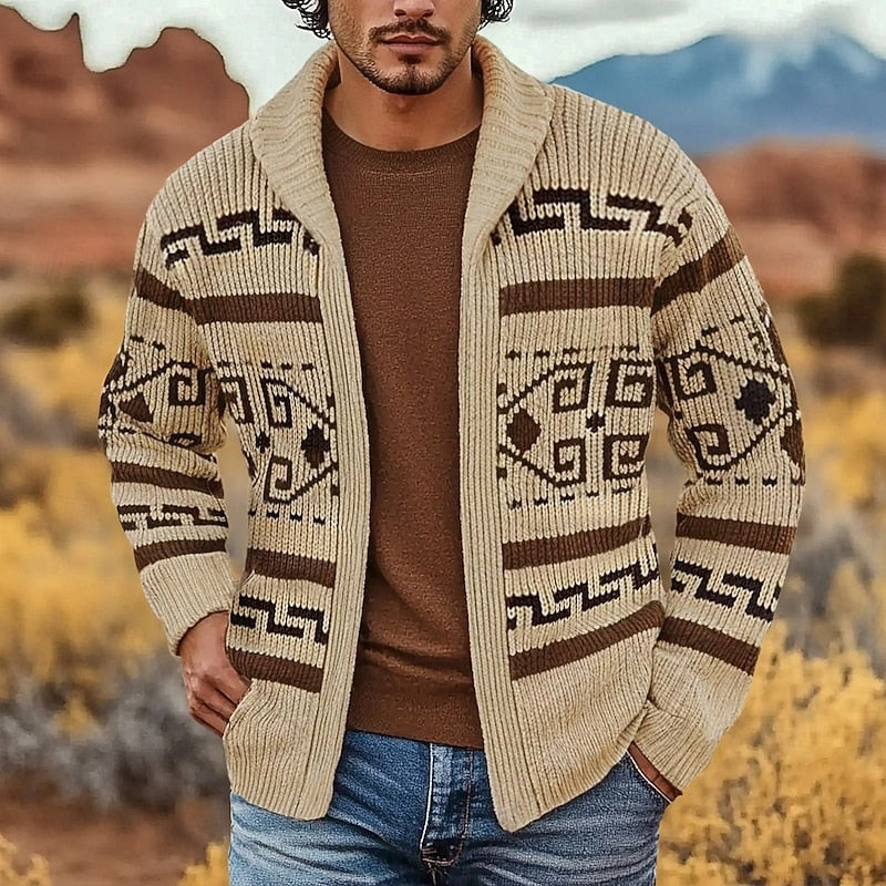 Men's Patterned Shawl-Collar Cardigan - Open-Front Knit Layer