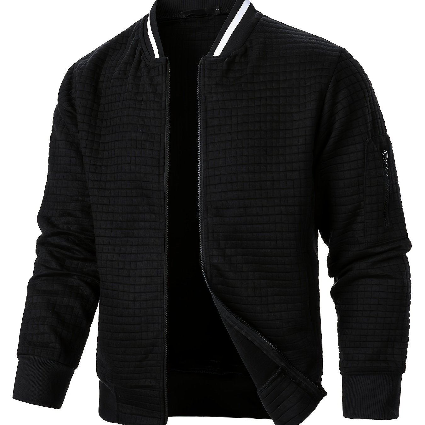 Men's Textured Zip-Up Bomber Jacket - Stand-Collar Ribbed Trim