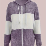 Women's Hooded Zip-Up Knit Jacket - Two-Tone Textured Layer