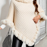 Women's Faux Fur Trim Poncho – Warm Winter Cape Wrap Cover Up