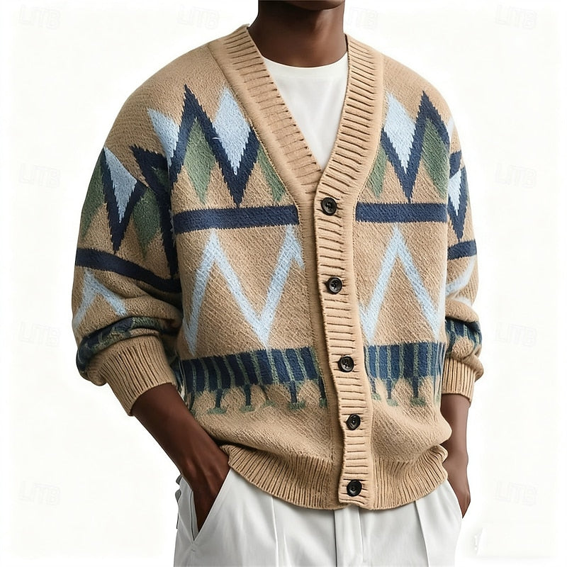 Men's Patterned V-Neck Button Cardigan - Knit Layering Piece