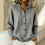Women's Hooded Button-Front Cardigan - Drawstring Hood Knit Layer