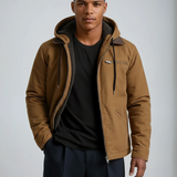 Men's padded winter coat in brown, mid length