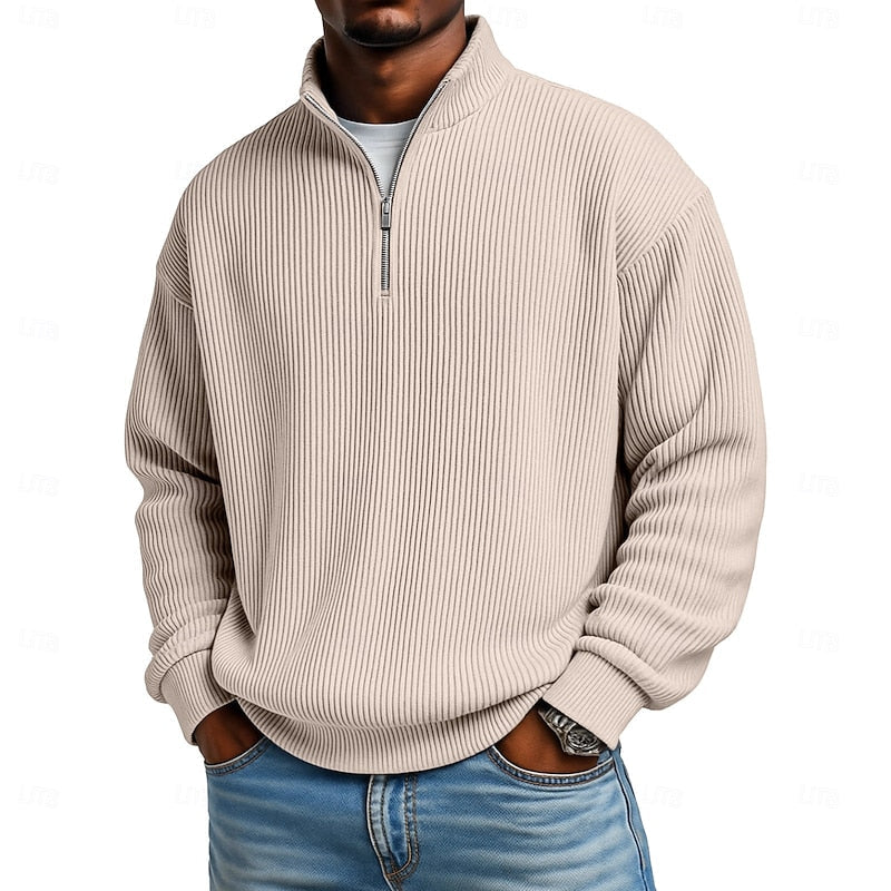 Men's Ribbed Quarter Zip Pullover – Stretch Knit Casual Top