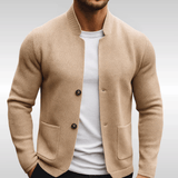 Men's Textured Knit Cardigan - Mandarin Collar with Patch Pockets