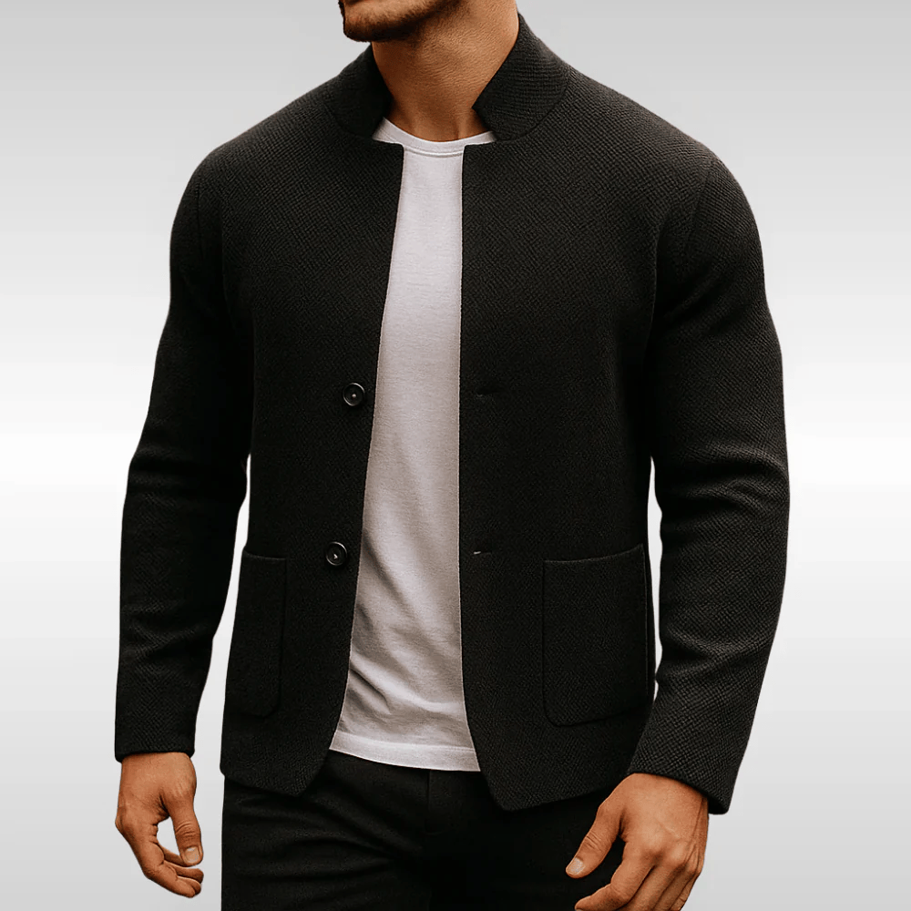 Men's Textured Knit Cardigan - Mandarin Collar with Patch Pockets