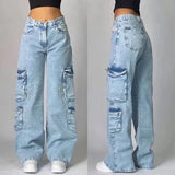Women's Baggy Cargo Jeans – 100% Cotton Denim Utility Fit