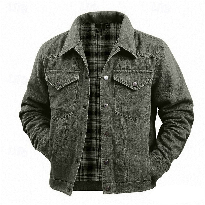 Men's Check-Lined Lapel Utility Jacket - Pocketed Casual Layer