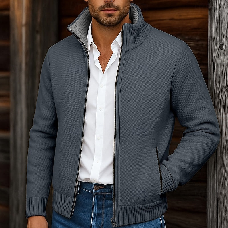 Men's Stand-Collar Zip Cardigan - Ribbed Trim Knit Layer