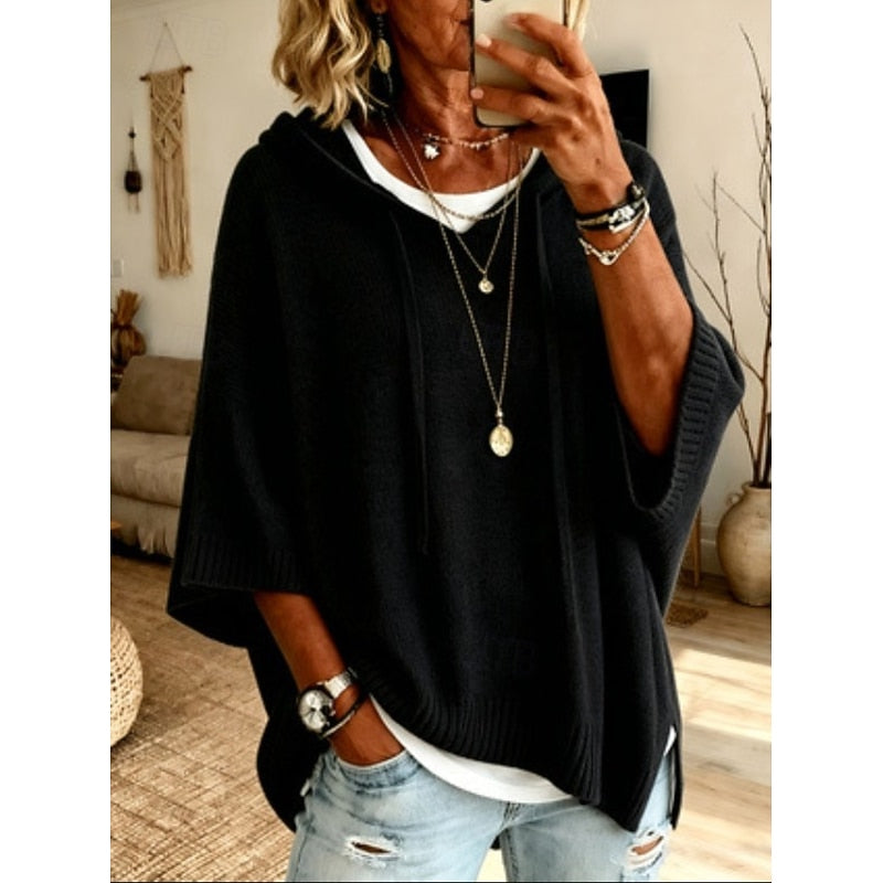 Women's Hooded Jumper with 3/4 Sleeves - Relaxed Casual Knit