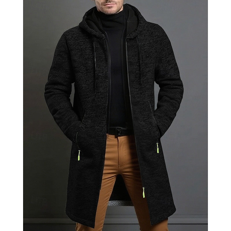 Men's Long Hooded Coat – Minimalist Mid-Length Winter Overcoat